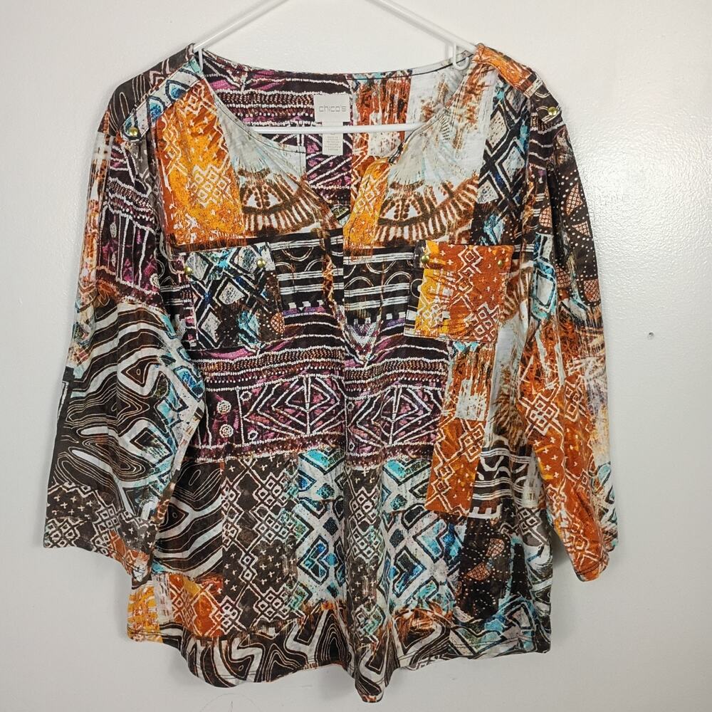 Chico’s Tribal Mixed Print Top Size 3 / XL 3/4 Sleeve Cotton Spring Boho - Picture 2 of 8